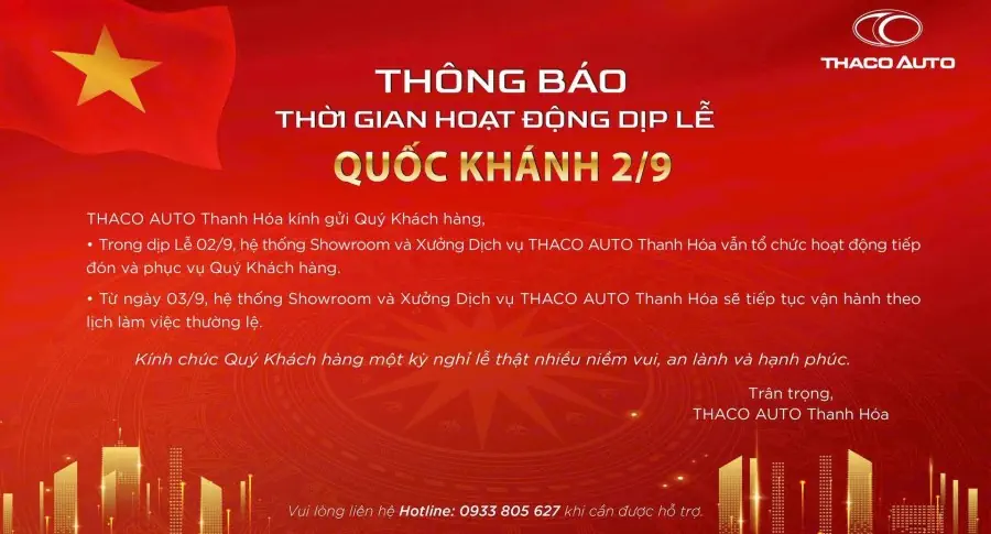 THÔNG BÁO THỜI GIAN HOẠT ĐỘNG DỊP LỄ QUỐC KHÁNH 02/9