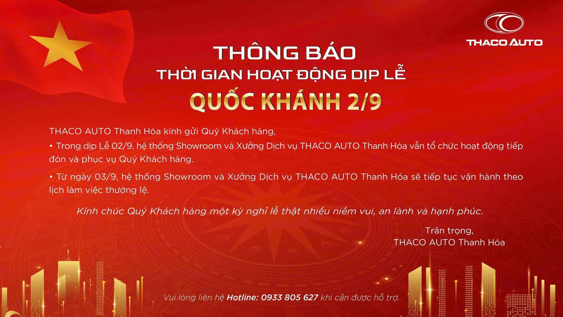 THÔNG BÁO THỜI GIAN HOẠT ĐỘNG DỊP LỄ QUỐC KHÁNH 02/9