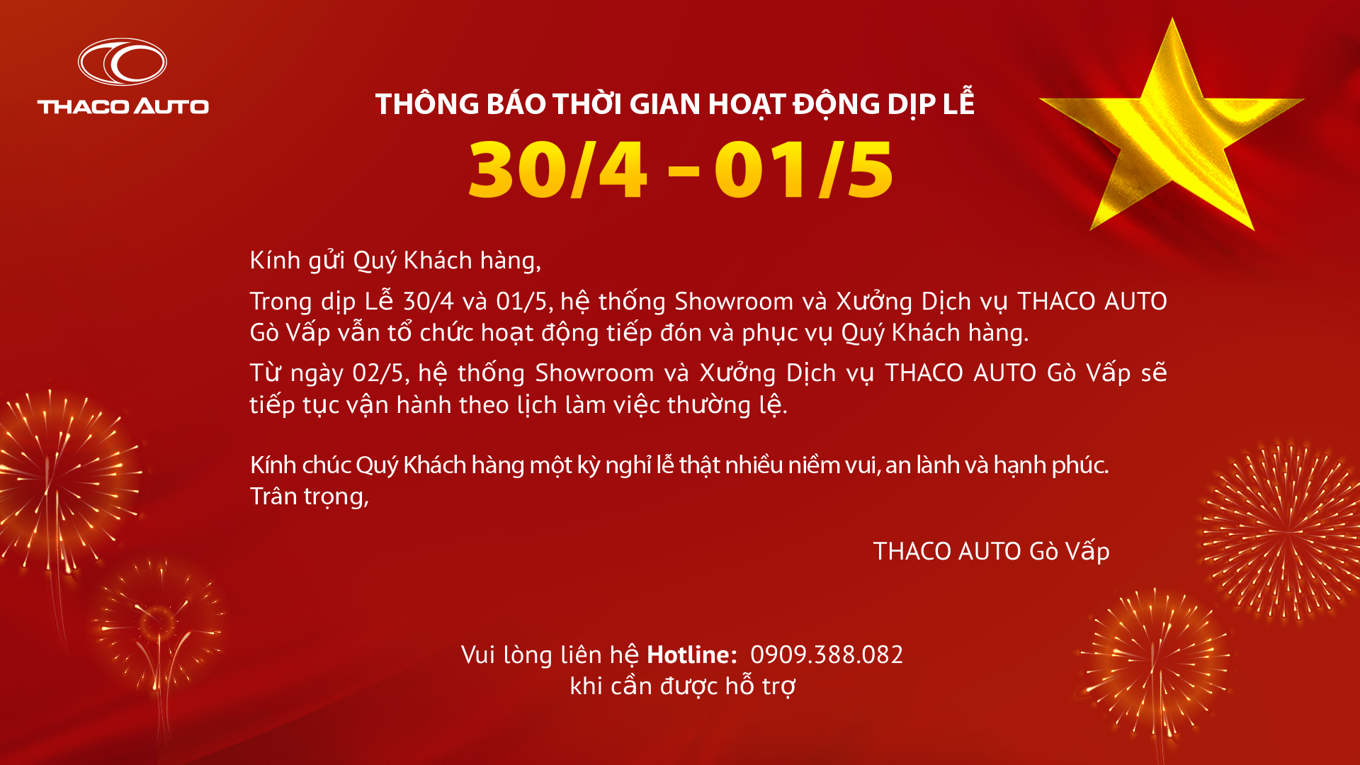 THÔNG BÁO THỜI GIAN HOẠT ĐỘNG DỊP LỄ 30.4 - 1.5