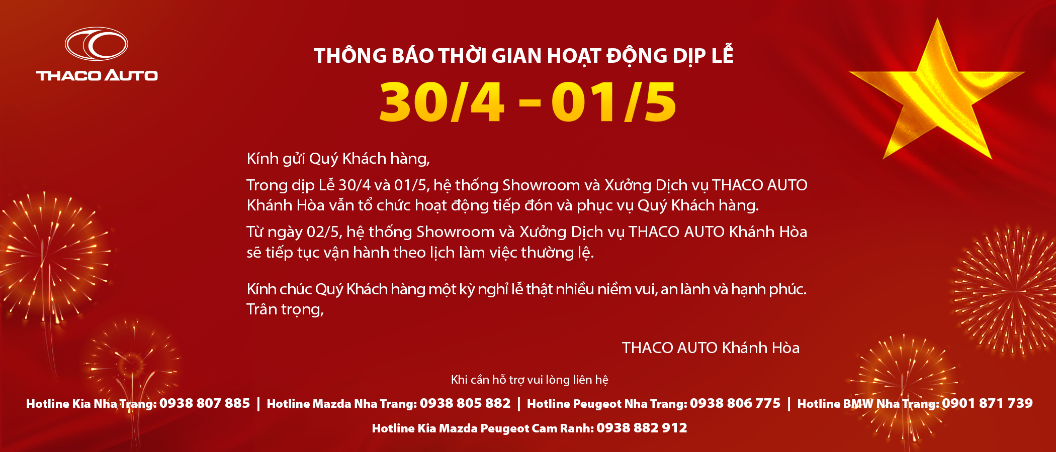 THACO AUTO KHÁNH HÒA - THÔNG BÁO THỜI GIAN HOẠT ĐỘNG DỊP LỄ 30/4 - 01/5