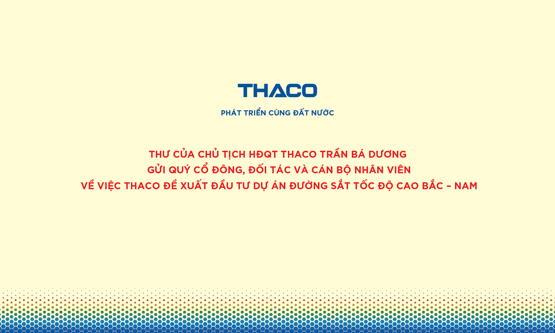 Thư của Chủ tịch HĐQT THACO Trần Bá Dương về việc THACO đề xuất đầu tư Dự án Đường sắt tốc độ cao Bắc – Nam