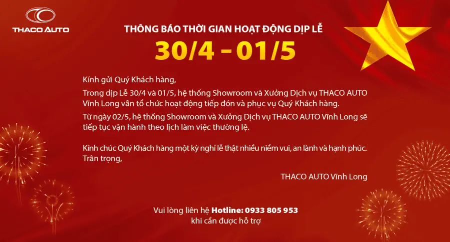 THÔNG BÁO THỜI GIAN HOẠT ĐỘNG DỊP LỄ 30/4 - 01/5