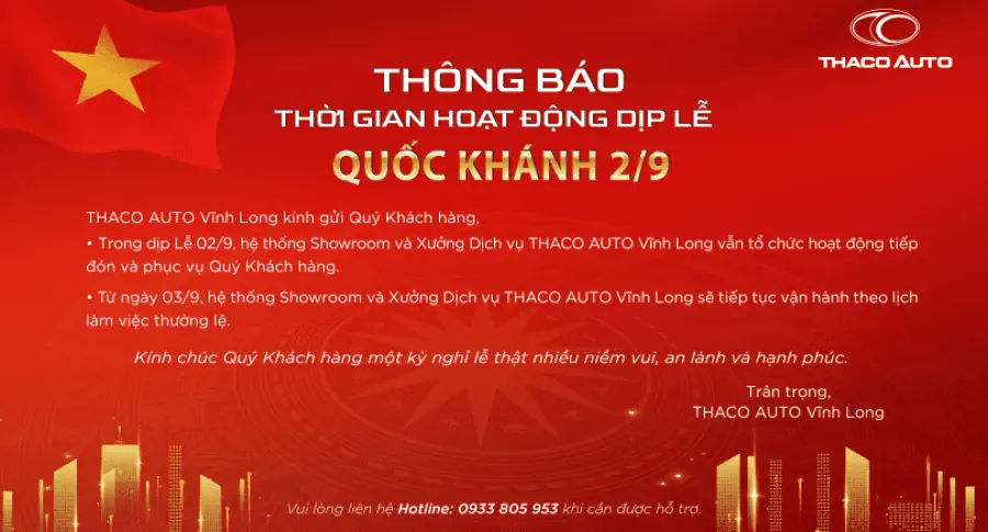 THÔNG BÁO THỜI GIAN HOẠT ĐỘNG DỊP LỄ QUỐC KHÁNH 02/9