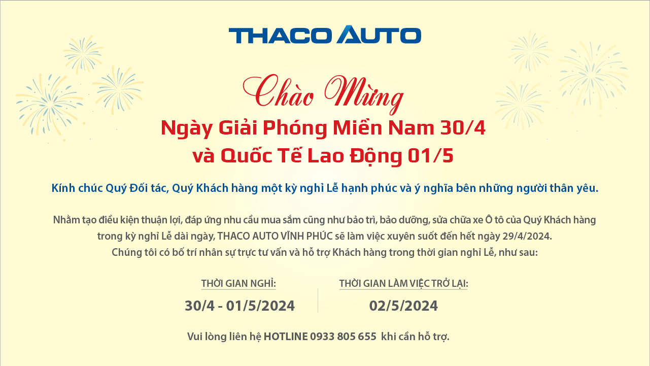 THÔNG BÁO LỊCH LÀM VIỆC 30/4 - 1/5