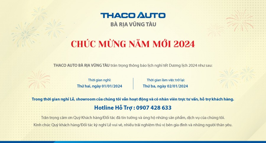 THÔNG BÁO LỊCH TRỰC TẾT DƯƠNG LỊCH  - THACO AUTO BÀ RỊA VŨNG TÀU