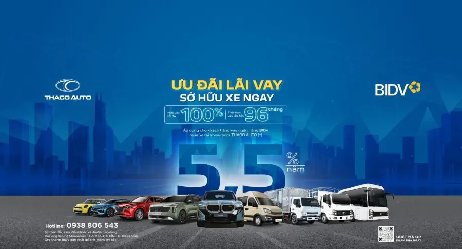 THACO AUTO BÌNH DƯƠNG hợp tác BIDV triển khai gói vay mua xe ưu đãi đến 100% giá trị xe, lãi suất chỉ từ 5,5%/năm