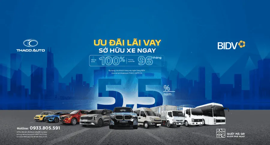 THACO AUTO hợp tác BIDV triển khai gói vay mua xe ưu đãi đến 100% giá trị xe, lãi suất chỉ từ 5,5%/năm