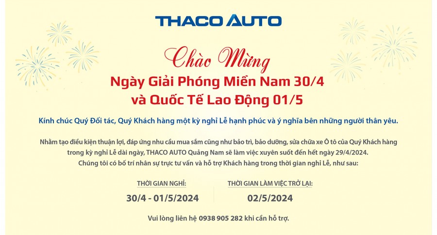 THÔNG BÁO LỊCH LÀM VIỆC DỊP LỄ 30/4 - 01/5