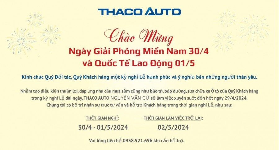 THÔNG BÁO LỊCH LÀM VIỆC 30/4 & 01/5